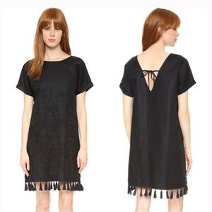Madewell Black Linen Blend Embroidered Floral Tassel Shift Dress Extra Small